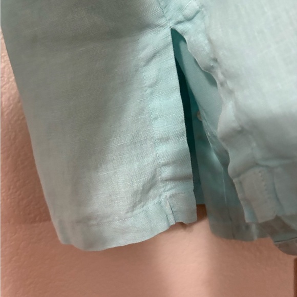 100%linen aqua blue ruffle button up tunic. 3/4 sleeve,  split hem. - Picture 6 of 16